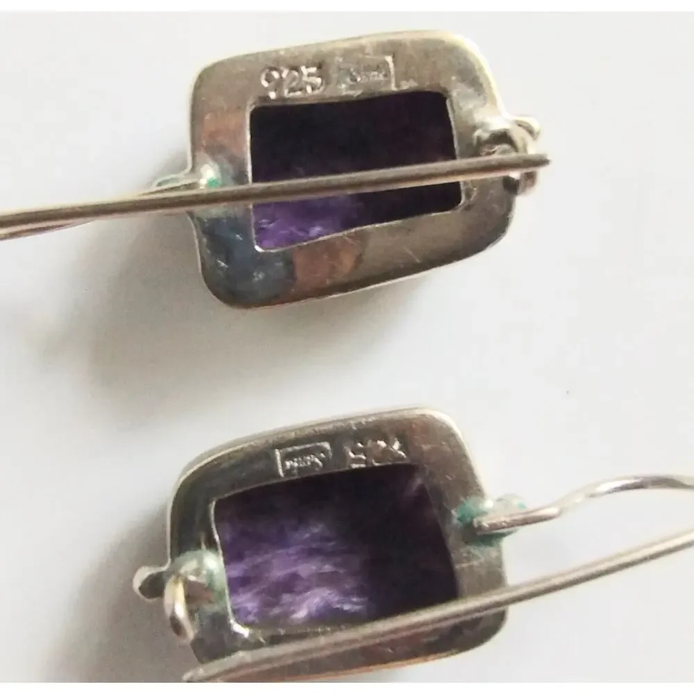 Siberian Natural Charoite Mineral & 925 Sterling Silver Artisan Signed Earrings